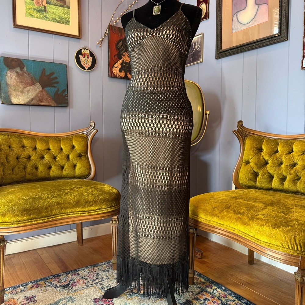 Vintage 90s/Y2K Fredericks of Hollywood Black Crochet Lace Fringed Maxi Dress - Picture 2 of 11